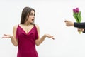 Human emotions and feelings. Lovely female is confused to get the zilch sign instead of flowers from her man. Royalty Free Stock Photo