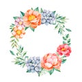 Lovely floral pastel wreath with peony,flowers,leaves,branches,succulents