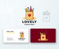 Lovely Food Paper Bag with Heart Symbol, Bread, Wine, Fish. Abstract Vector Logo and Business Card Template. Shopping or Royalty Free Stock Photo