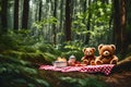 In a lovely forest, a charming teddy bear picnic. Royalty Free Stock Photo