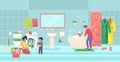 Lovely friendly family preparation sleep in bathroom, father wash children kid, mother with child laundry flat vector