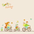 Lovely friendly family with two children traveling by bike, a fa