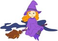 Lovely friendly witch flying on a broomstick. Vector illustratio