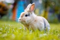 Lovely furry baby white and brown rabbit looking at something while sitting on green grass over bokeh nature background. Adorable Royalty Free Stock Photo