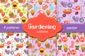 Lovely gardening vector patterns with tools, plants, gnomes, flowers, snails and strawberries. Great for spring decor Royalty Free Stock Photo