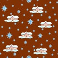 Watercolor houses and Snowflakes seamless pattern brown background pattern Christmas pattern Cute pattern Royalty Free Stock Photo