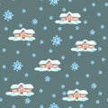Watercolor houses and Snowflakes seamless pattern gray background pattern Christmas pattern Cute pattern Royalty Free Stock Photo