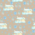 Watercolor Christmas trees, houses and Snowflakes seamless pattern light beige background pattern Christmas pattern Cute pattern Royalty Free Stock Photo