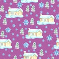Watercolor Christmas trees, houses and Snowflakes seamless pattern lilac background pattern Christmas pattern Cute pattern Royalty Free Stock Photo