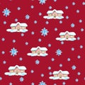 Watercolor houses and Snowflakes seamless pattern red background pattern Christmas pattern Cute pattern Royalty Free Stock Photo