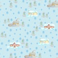 Watercolor Christmas trees, houses and Snowflakes seamless pattern soft blue background pattern Christmas pattern Cute pattern Royalty Free Stock Photo