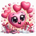Lovely gift. 3d cartoon pinky earts and gifts on the white cloudy background