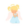 Lovely Girl Angel with Nimbus and Wings, Adorable Baby Cartoon Character in Cupid or Cherub Costume Vector Illustration