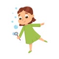 Lovely Girl Blowing Soap Bubbles Through Wand, Cute Girl Wearing Green Dress Having Fun with Soap Bubbles Cartoon Style Royalty Free Stock Photo