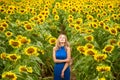 A lovely girl in a blue dress stands against the background of a yellow field with sunflowers Royalty Free Stock Photo