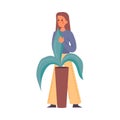 A lovely girl caring for a big potted house plant. vector illustration in flat cartoon style. Royalty Free Stock Photo