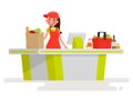 Lovely girl cashier at the cash register supermarket. Vector ill Royalty Free Stock Photo