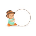 Lovely girl character sitting with white circle empty message board, kid with placard vector Illustration Royalty Free Stock Photo