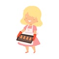 Lovely Girl Holding Baking Tray with Homemade Cookies, Kids Hobby or Creative Activity Cartoon Vector Illustration