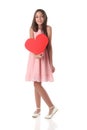 Lovely Girl Holding A Red Heart Shape, Over White Background