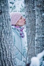 Lovely Girl Kissing a Tree in Forest Royalty Free Stock Photo