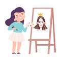 Lovely Girl Painting Princess on Canvas with Palette and Brush, Little Artist Character on Drawing Easel with Paints Royalty Free Stock Photo