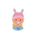 Lovely girl in a pink hat with ears, avatar of cute smiling little kid vector Illustration on a white background Royalty Free Stock Photo