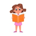 Lovely Girl Reading Book while Standing, Preschooler Kid or Elementary School Student Enjoying Literature Cartoon Style