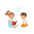 Lovely girl reading fairy tail fantasy book to little boy, kids fabulous imagination vector Illustration on a white Royalty Free Stock Photo