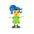 Lovely girl troll with blue hair and yellow skin, funny fairy tale character vector Illustrations on a white background