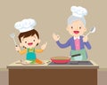 Lovely grandmother and child boy cooking in kitchen