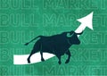 Lovely green bull and a upward arrow indicating the up of the stock market with repeating text say bull market, stock market up