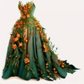 Lovely green dress decorated with orange flowers isolated on white, unusual fashion design,
