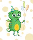 Lovely green monster with big eyes and balloons