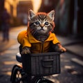 Lovely grey kitten wearing yellow jacket and sitting in a basket on the bicycle. Cat riding a bike in the street. Blurred backdrop