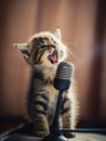 Lovely grey stripy kitten singing into microphone. Performing cat in the light beam. Close up. Generative AI
