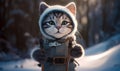 Lovely grey and white kitty in a warm cap. Green-eyed cat skiing in the mountains. Blurred backdrop. Generative AI