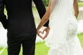 Lovely bride and groom hold hand in heart shape, couples wedding with love forever