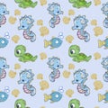 Lovely hand drawing seahorse, turtle, fish, shells pattern design