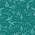 Lovely hand drawn christmas seamless pattern with branches and decoration, great for textiles, banners, wallpaper, wrapping -