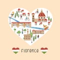 Lovely hand drawn map of Florence, Italy. Illustrated sights and cute decoration. Great for textiles, cards, tourist guides,