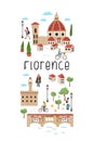 Lovely hand drawn map of Florence, Italy. Illustrated sights and cute decoration. Great for textiles, cards, tourist guides,