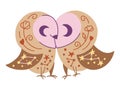 Lovely hand drawn owls couple illustration with moon and stars. Kissing owls