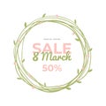 Lovely hand-drawn round banner for 8 March Sale. Vector illustration.