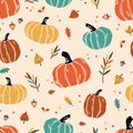 Lovely hand drawn Thanksgiving seamless pattern with pumpkins and sunflowers, great for textiles, table cloth, wrapping, banners,