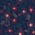 Lovely hand drawn tropical flowers and leaves seamless pattern, hibiscus and palm tree leaves, great for textiles, banners,