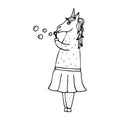 Lovely hand-drawn unicorn-girl with soap bubbles. Royalty Free Stock Photo