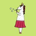 Lovely hand-drawn unicorn-girl with soap bubbles. Royalty Free Stock Photo