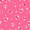 Lovely hand drawn Valentine\'s Day seamless pattern, cute decorated doodle hearts, great for textiles, banners, wallpapers,