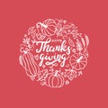 Lovely hand drawn and written Thanks Giving Design, cute pumpkins, leaves and font, great for Thanksgiving banners, wallpapers, Royalty Free Stock Photo